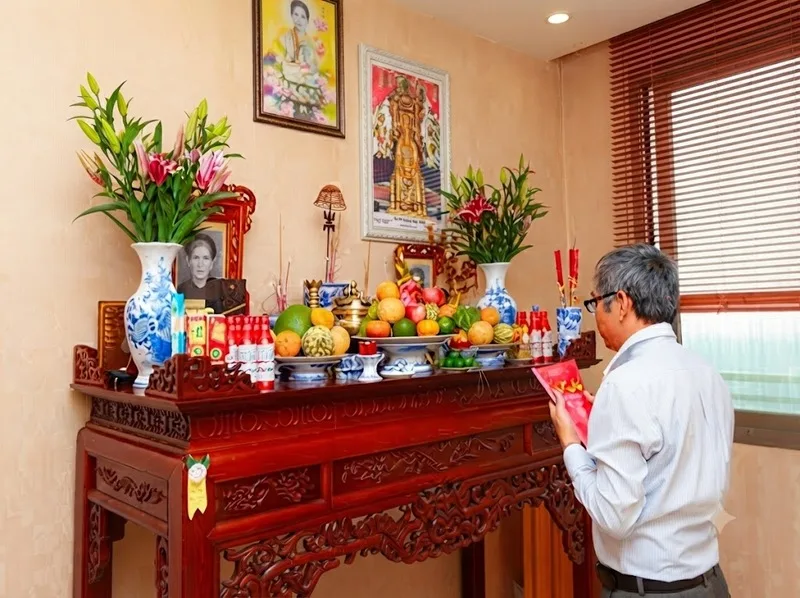 Không gian bàn thờ sạch sẽ, lễ vật giản dị và sự thành kính là những bước chuẩn bị quan trọng trước khi đọc khấn.